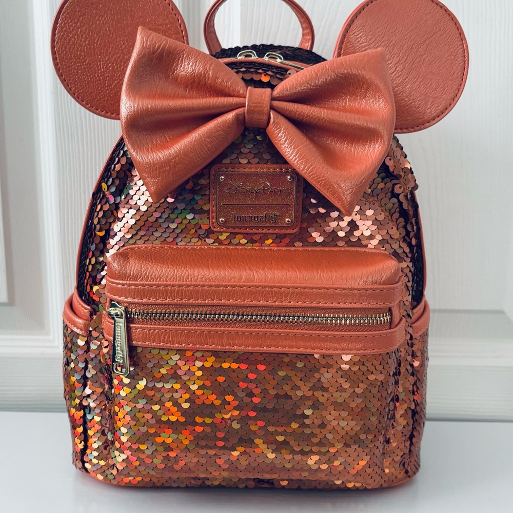 Loungefly Minnie Mouse Sequined Mini Backpack Peach Punch & Ears Headband - Picture 2 of 11